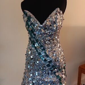 AKIRA Strapless Mini Party Dress w/ Silver Sequins & Green Embellishments- Small
